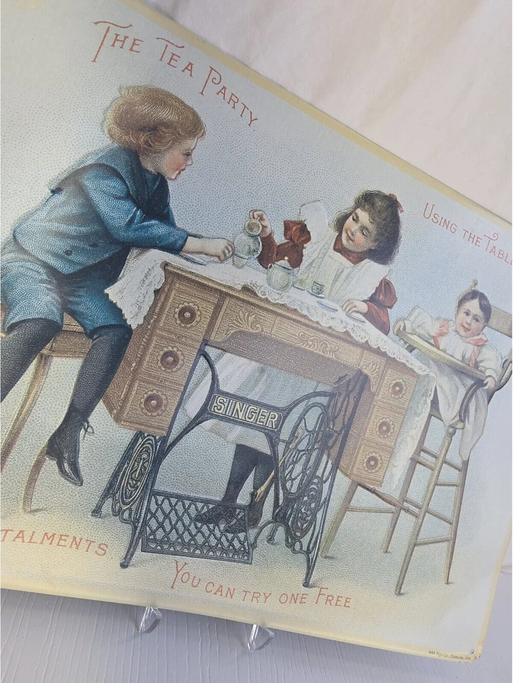 Vintage Singer Sewing Machine Metal Tin Sign The Tea Party AAA Sign Co 16x11